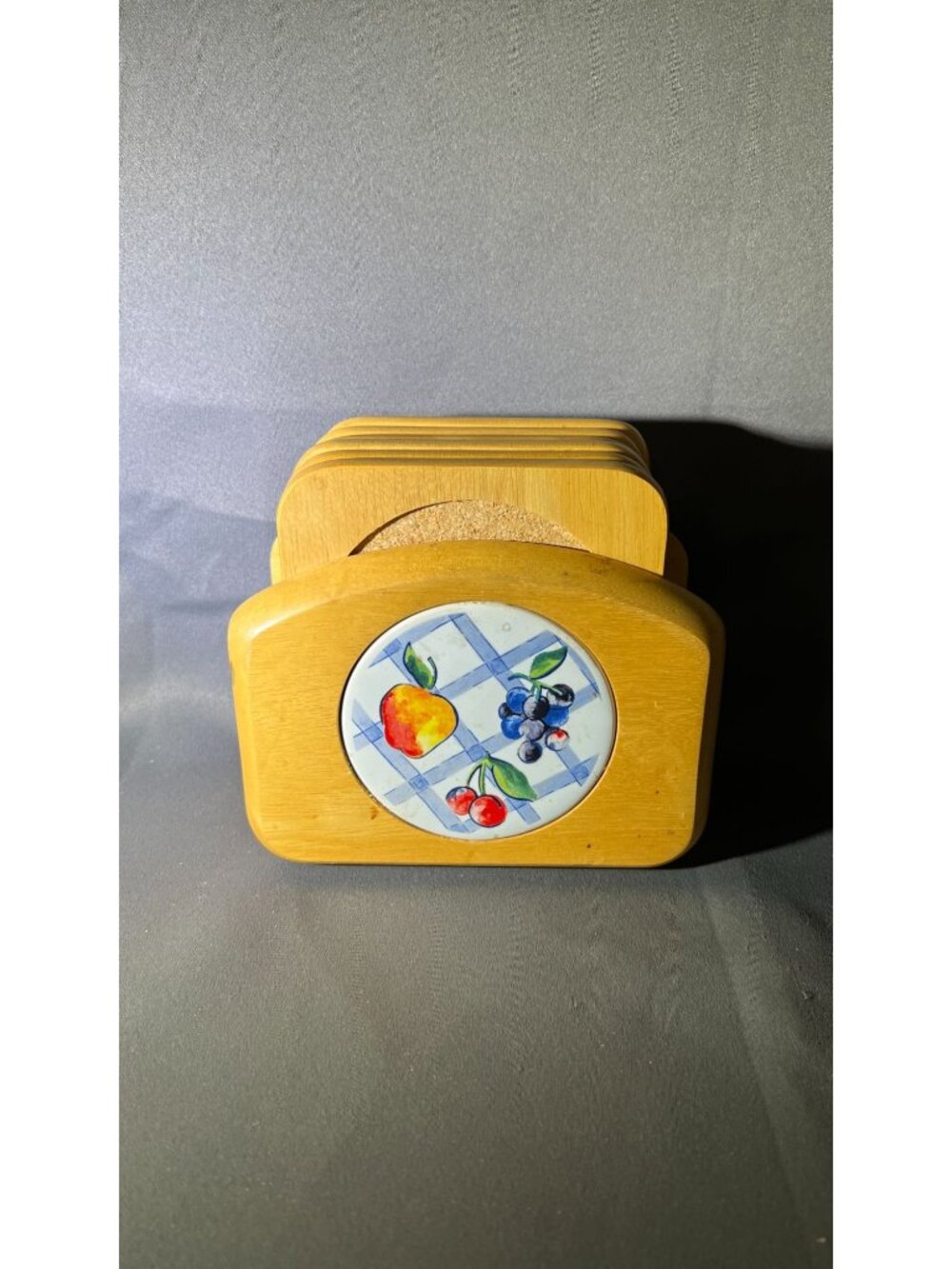 Corning Ware Wooden Coaster Set With Fruit-Themed Holder